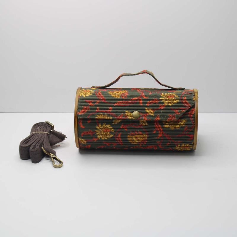 Lukka Chuppi  Combo of Round Sling Bag in Organic Cotton and Reclaimed  wood - Floral Creeper Black & Solid Rust