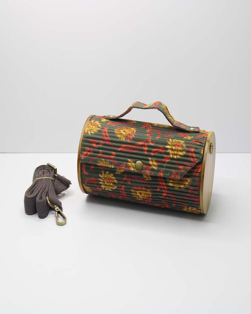 Lukka Chuppi  Combo of Round Sling Bag in Organic Cotton and Reclaimed  wood - Floral Creeper Black & Solid Rust