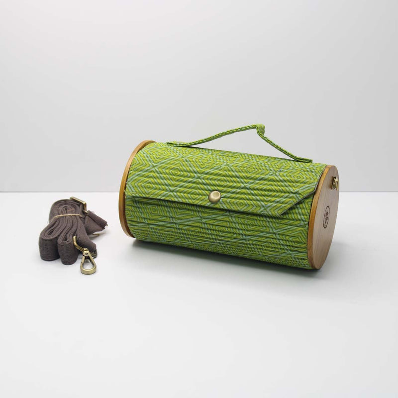 Lukka Chuppi  Combo of Round Sling Bag in Organic Cotton and Reclaimed Wood - Geometric Green & Double Grey Lines