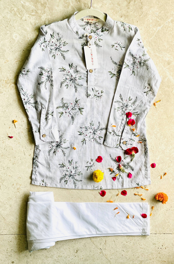 Ethically Made Grey Floral Kurta Pajama Set, Rust silk bandi