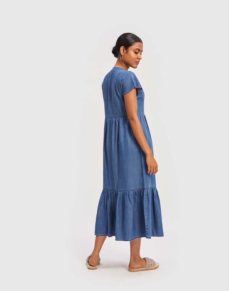 Reistor Tiered Shirt Tencel Dress in Ultramarine Blue