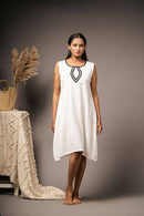 Taraasi Women's White Handwoven Sleeveless And Knee Length Dress