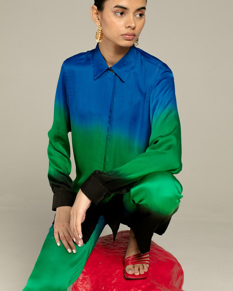 Studio Rigu  Lehriya Blue Shirt and Straight Trousers Co-ord in Vegan Silk