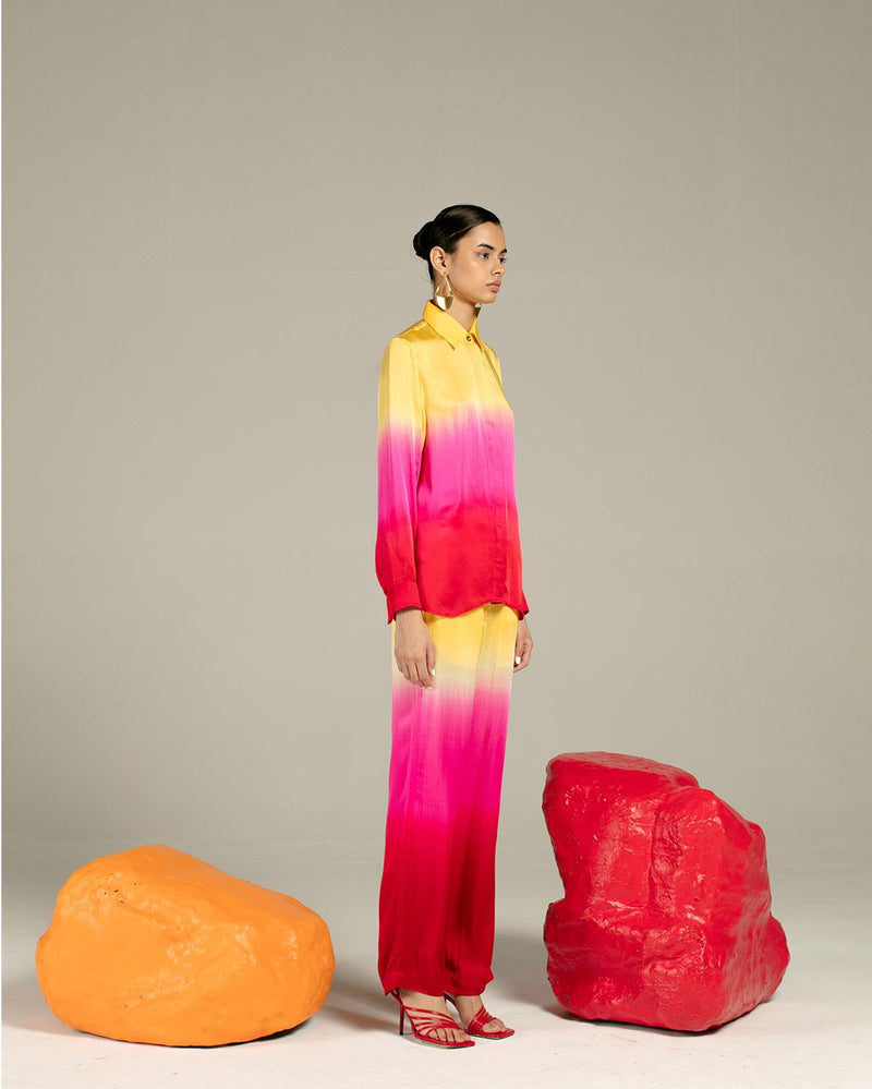 Studio Rigu  Leheriya Yellow Shirt and Trousers Co-ord in Vegan Silk