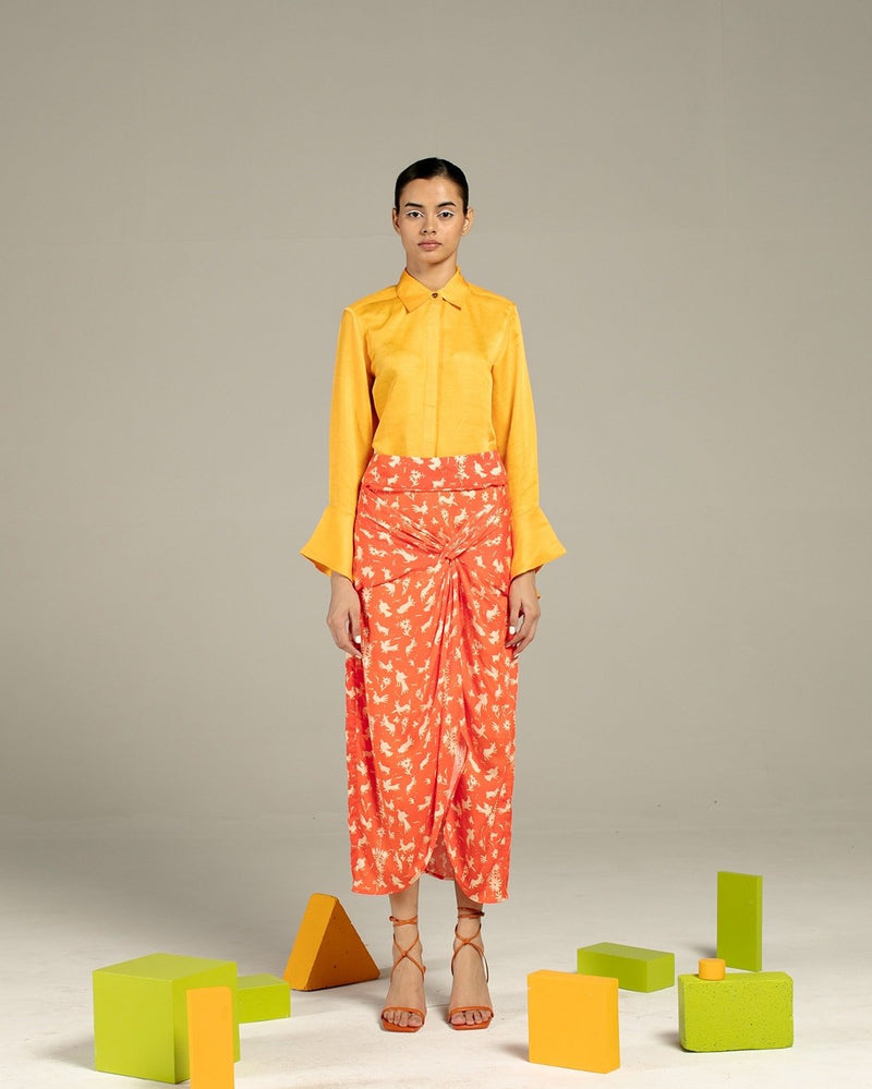 Studio Rigu  Chidiya Draped Orange Vegan Silk Shirt