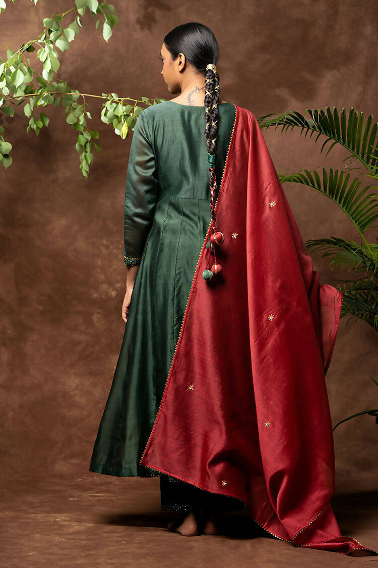 Taraasi Women's Bottle Green Handloom Chanderi Silk Hand Embroidered Angrakha (Set Of 3)
