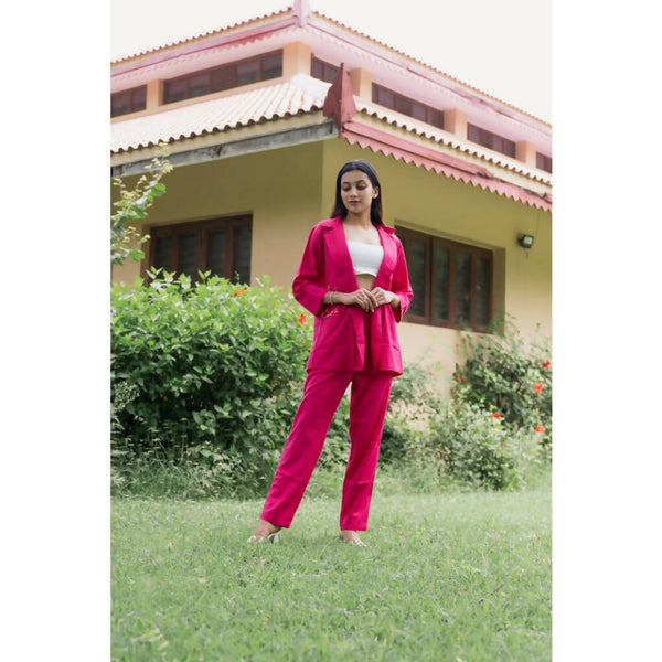 AC By Aratrika Chauhan 100% Organic Linen Majenta Jacket-Pant