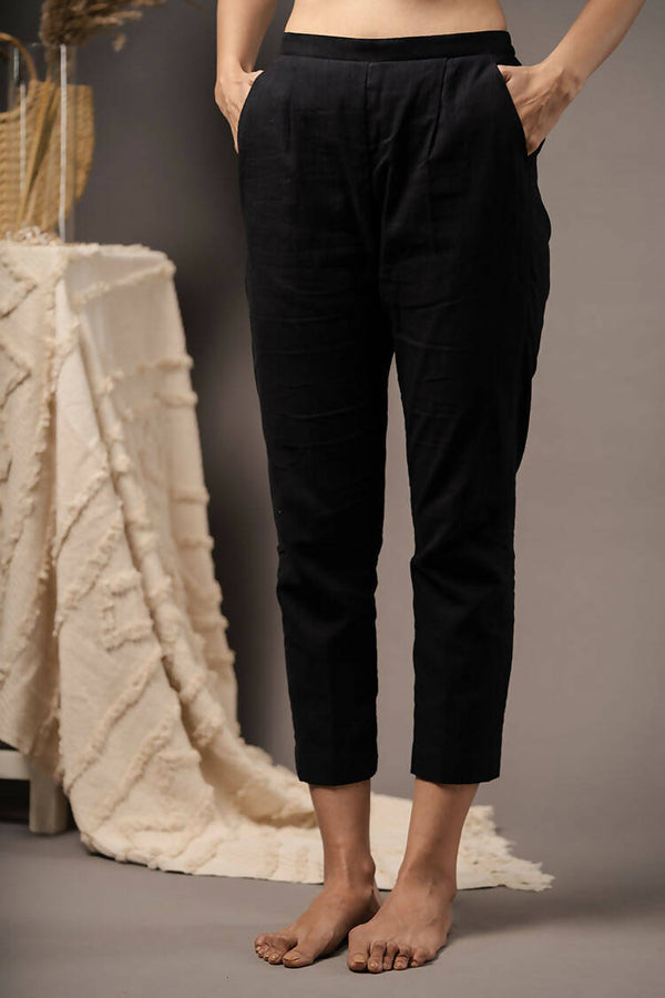 Taraasi Women's Black Handwoven Muslin Cotton Straight Yet Comfortable Pants