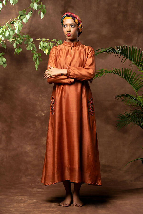 Taraasi Women's Rust Orange Entifit Handloom Chanderi Silk Dress