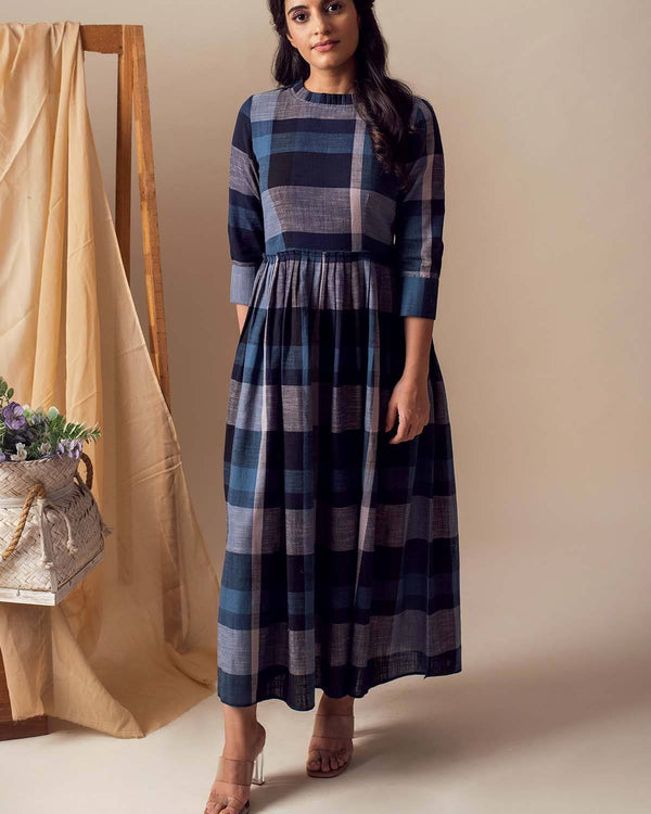 Kapraaha  Blue Checks Maxi Cotton Dress