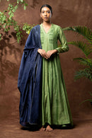 Taraasi Women's Parrot Green And Navy Blue Handloom Chanderi Silk Twisted Pintucks And Hand Embroidered Mukaish/Badla Work Kurta (Set Of 2)