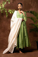 Taraasi Women's Parrot Green Handloom Chanderi Silk Handembroidere Angrakha (Set Of 3)