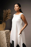 Taraasi Women's White Hand-spun Muslin And Hand-spun Cotton Hand Embroidered Running Stitches Dress