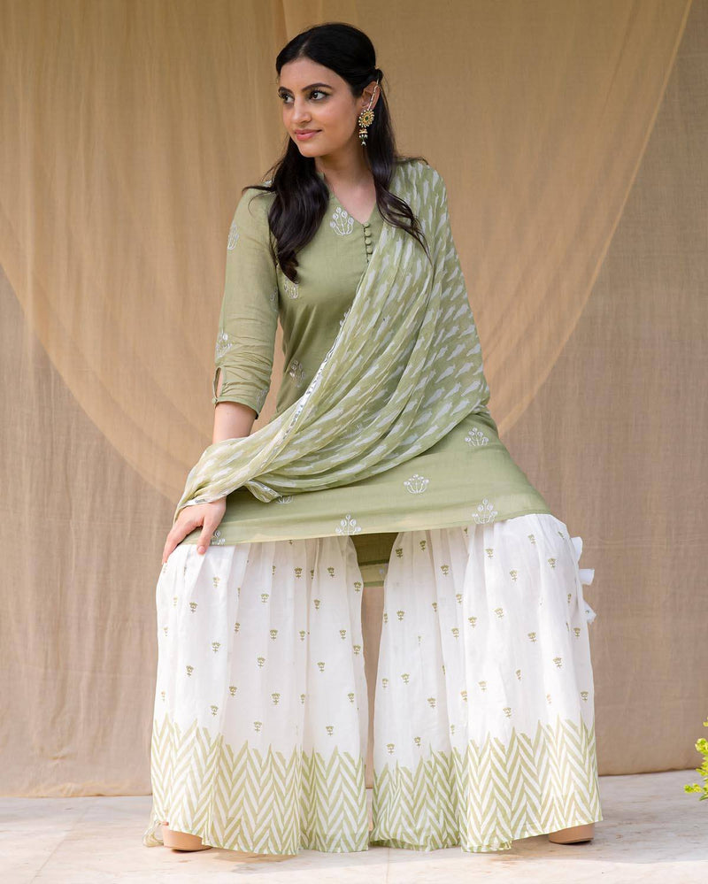 Kapraaha  Green Embroidered Cotton Sharara Set