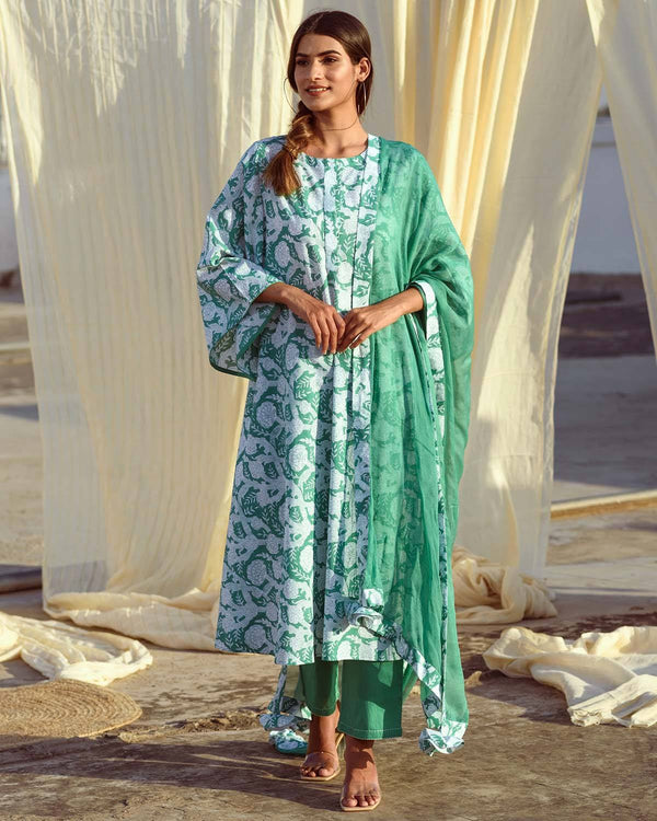 Kapraaha  Green Floral Cotton Tunic Set