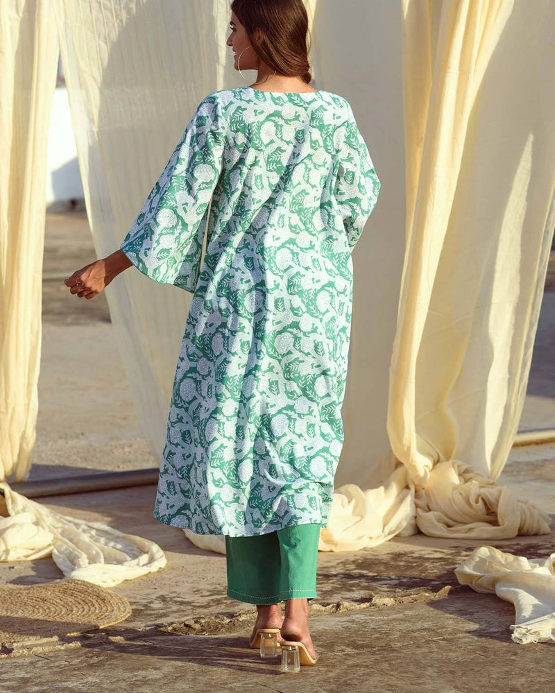 Kapraaha  Green Floral Cotton Tunic Set
