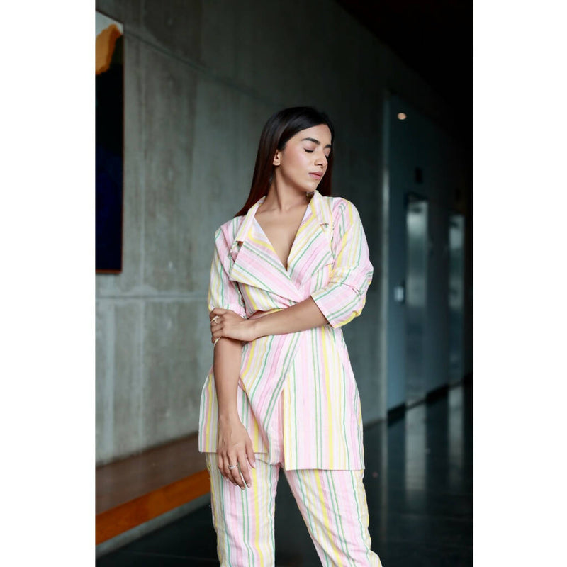 AC By Aratrika Chauhan 100% Organic Handloom Cotton Stripe Pink Jacket-Pant