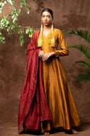 Taraasi Women's Mustard Handloom Chanderi Silk Panels And Twisted Pintucks And Hand Embroidered Mukaish/Badla Work Kurta