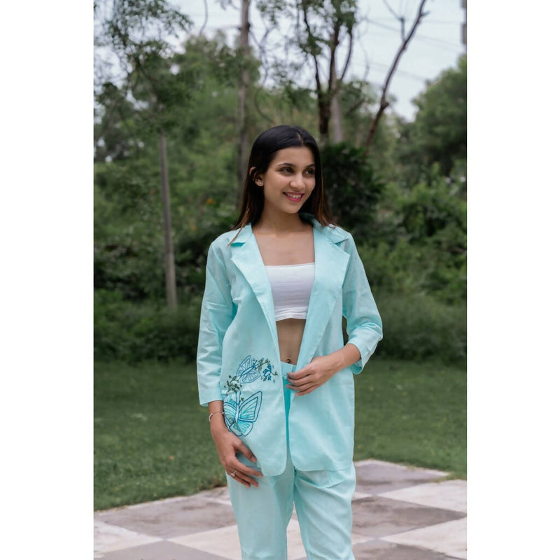 AC By Aratrika Chauhan 100% Organic Linen Blue Jacket-Pant