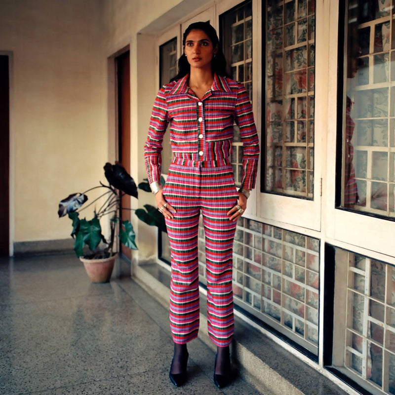 Handcrafted Multi checkered pant and top set in pink