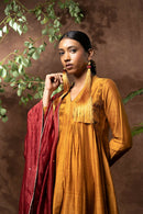 Taraasi Women's Mustard Handloom Chanderi Silk Panels And Twisted Pintucks And Hand Embroidered Mukaish/Badla Work Kurta