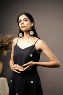 Taraasi Women's Black Handwoven Cotton Soothing Noodle Strap Dress With Hand Appliqué Work