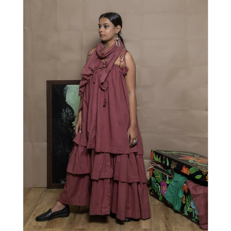 AC By Aratrika Chauhan 100% Organic Cotton Mulmul Maroon Dress - Stole set