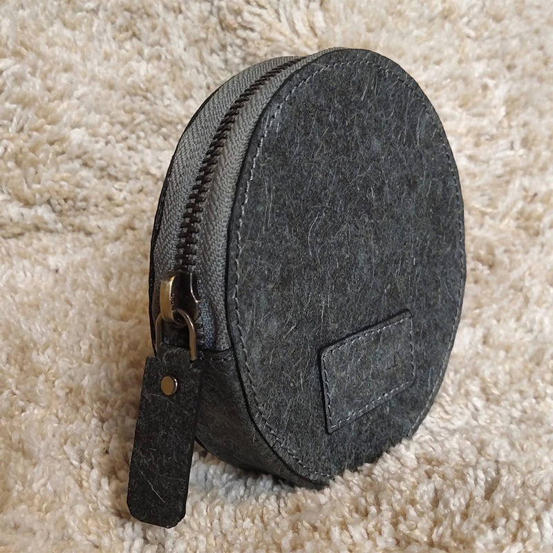 VEGAN COCONUT LEATHER ROUND POUCH - GREY