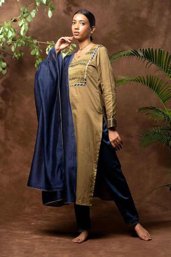 Taraasi Women's Navy Blue Cotton Silk Zari Detailing Pant