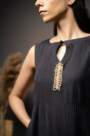 Taraasi Women's Black Minimalist Dress With Pintucks And Handmade Jute Lace