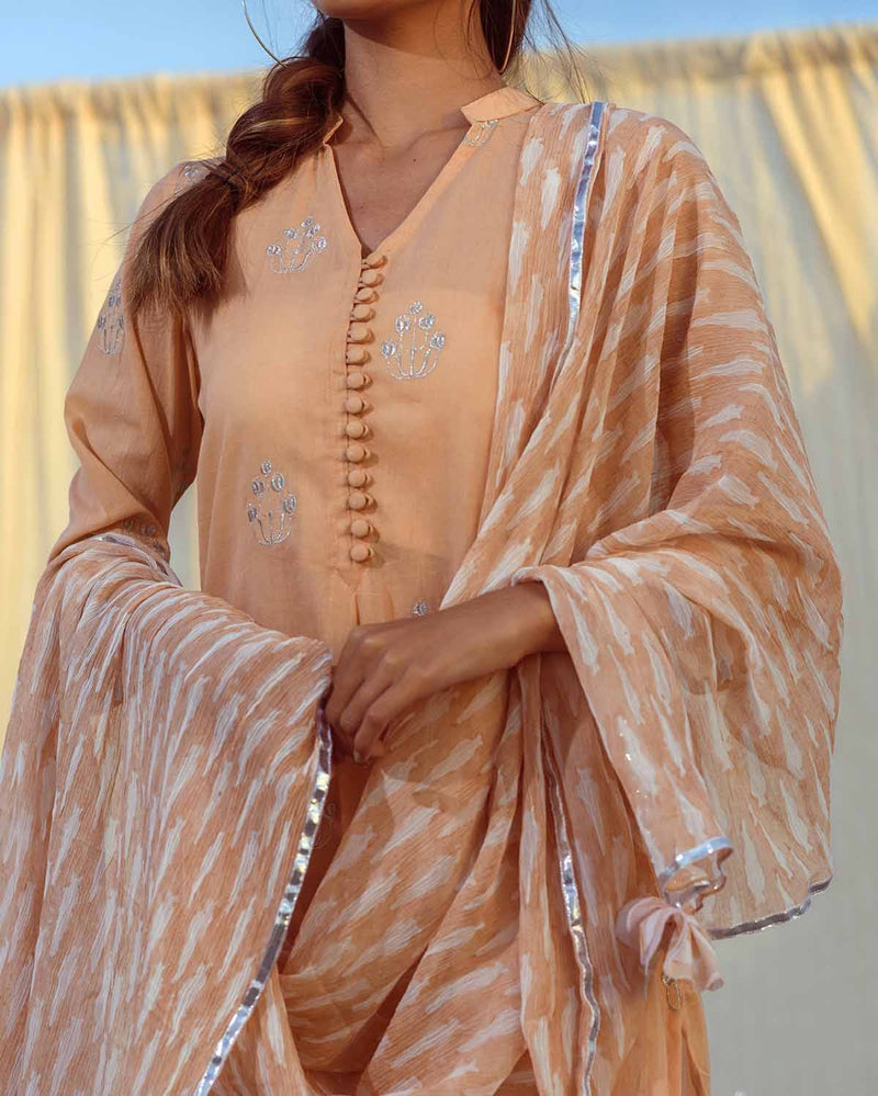 Kapraaha  Peach Embroidered Sharara Cotton Set