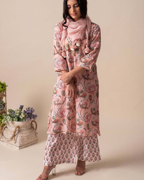 Kapraaha  Pink Floral Cotton Tunic Set