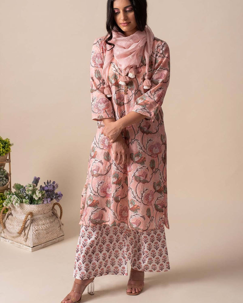 Kapraaha  Pink Floral Cotton Tunic Set
