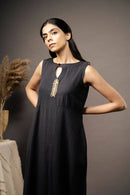 Taraasi Women's Black Minimalist Dress With Pintucks And Handmade Jute Lace