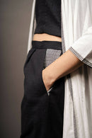 Taraasi Women's Black And White Handwoven Cotton Crop Top Pant And The Panelled Shrug Dress