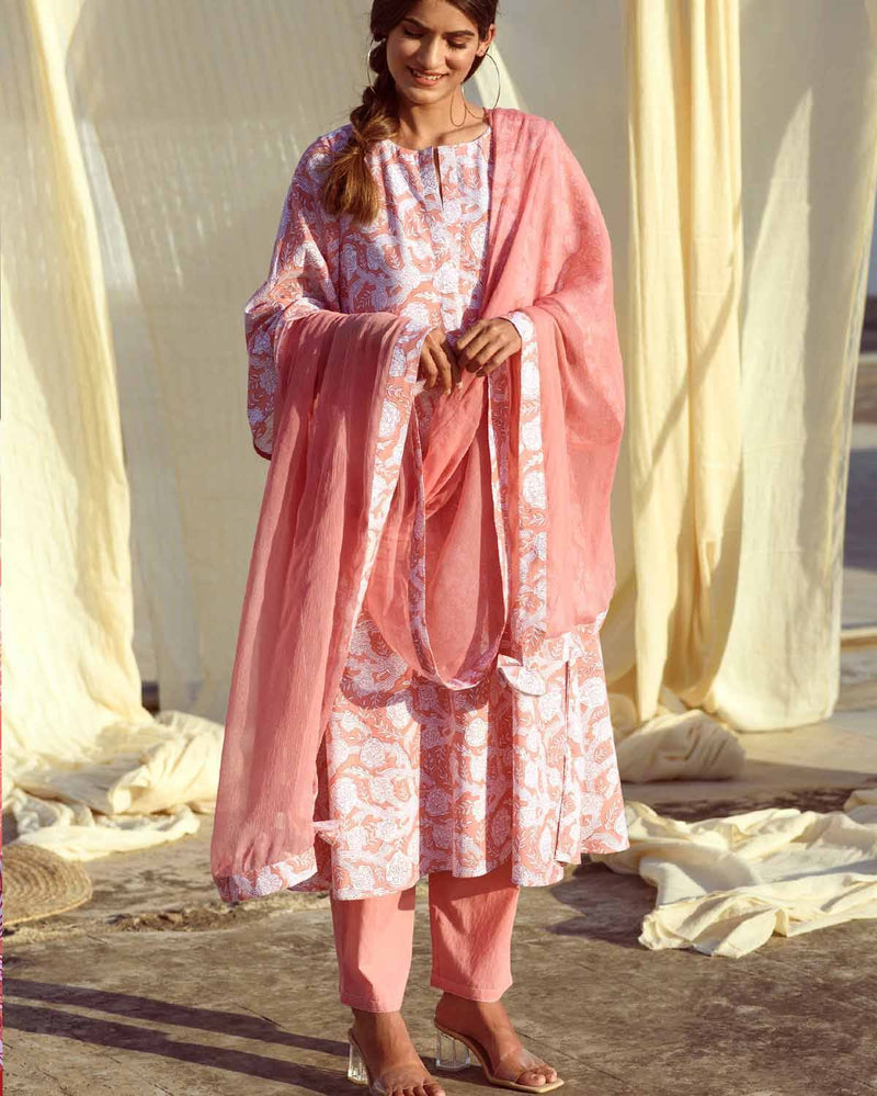 Kapraaha  Rose Pink Floral Cotton Tunic Set