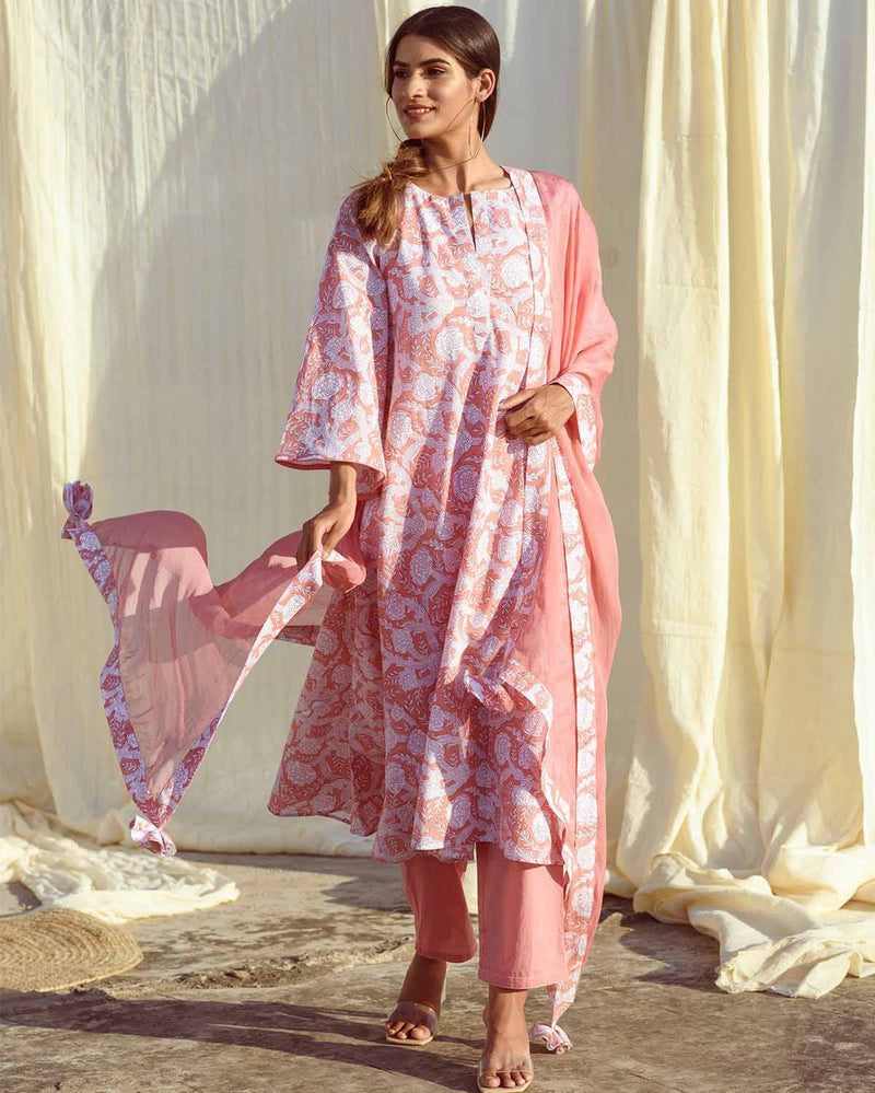 Kapraaha  Rose Pink Floral Cotton Tunic Set