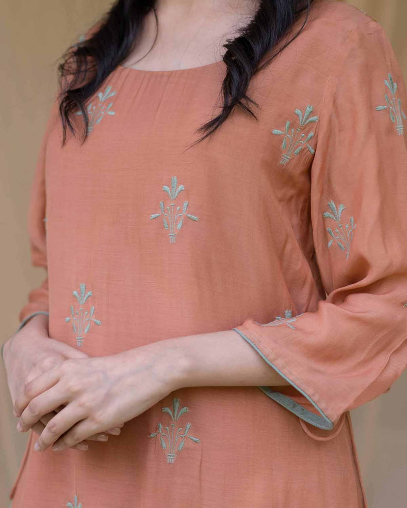 Kapraaha  Rust Embroidered Cotton Tunic Set