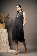 Taraasi Women's Black Minimalist Dress With Pintucks And Handmade Jute Lace