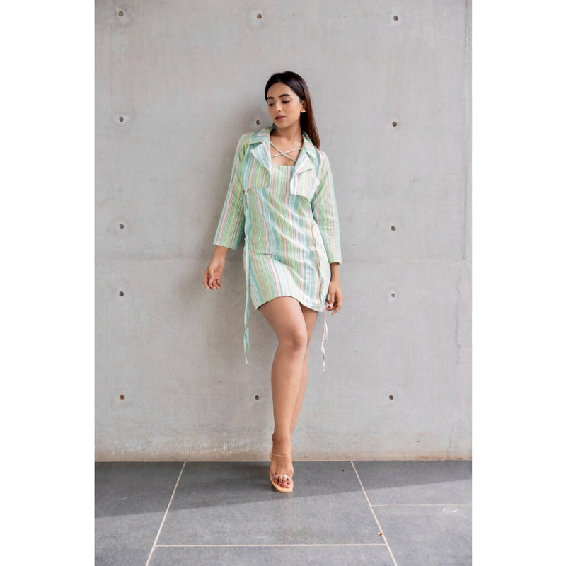 AC By Aratrika Chauhan 100% Organic Handloom Cotton Stripe Green Crop Jacket-Dress