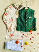 Ethically Made Pink Floral Kurta Pajama Set, Bottlegreen silk bandi