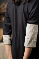 Taraasi Women's Black Handwoven Cotton Organic Stripes Fabric With Concealed In Front Placket Dress