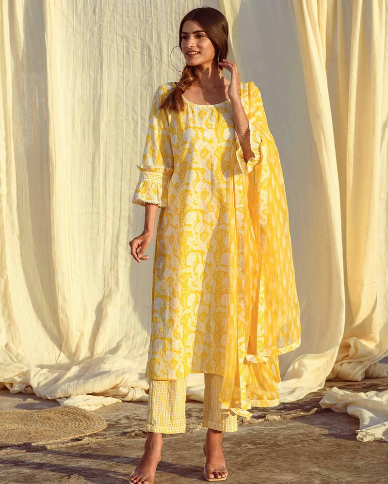 Kapraaha  Yellow Block Printed Cotton Tunic Set