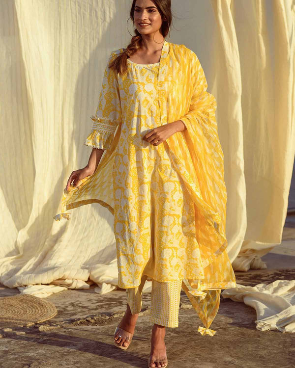 Kapraaha  Yellow Block Printed Cotton Tunic Set
