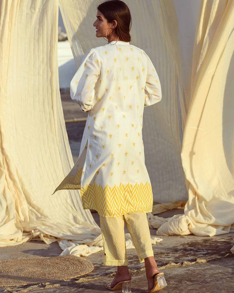 Kapraaha  Yellow Embroidered Cotton Tunic Set