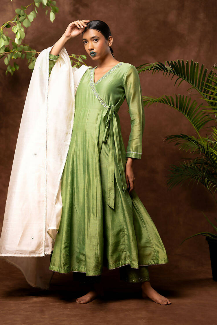 Taraasi Women's Parrot Green Handloom Chanderi Silk Pant